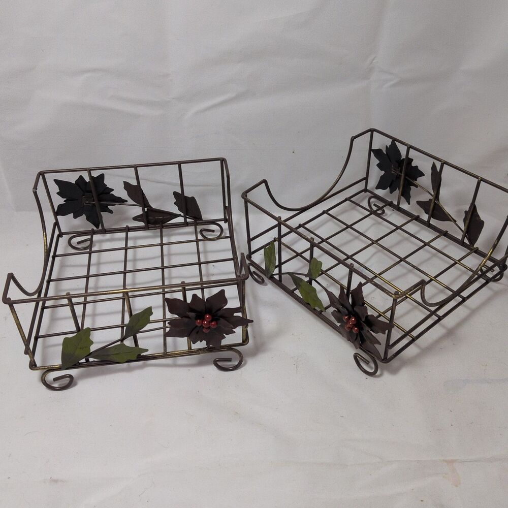 Vintage Christmas Poinsettia Metal Wire Napkin Holders - Set of 2 7x7